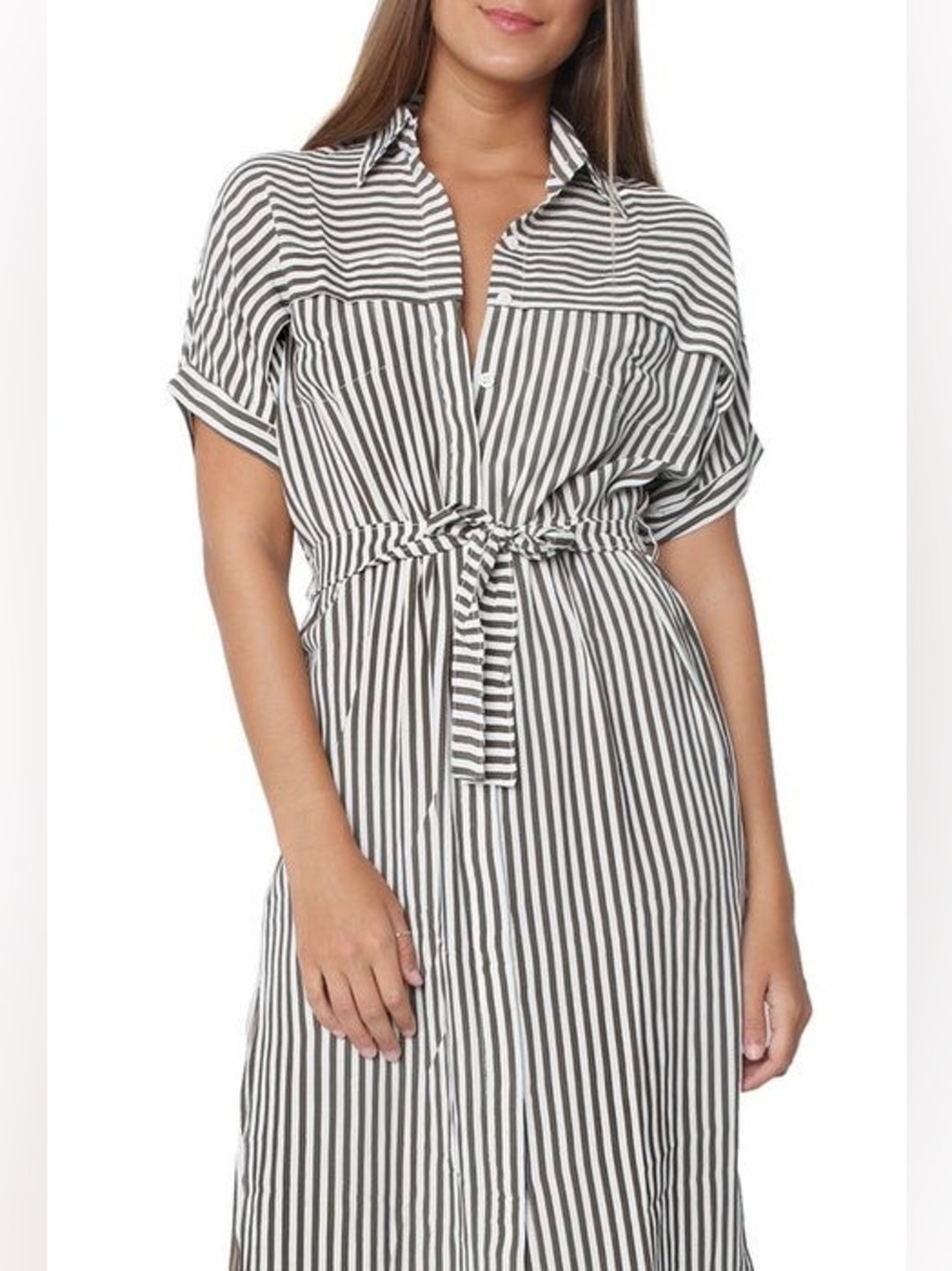 Mlle Gabrielle Striped Shirt Dress Black and White Button-Up Belted Dress - NWOT
